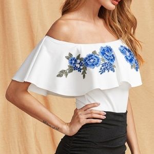 White and Blue Floral Bodysuit